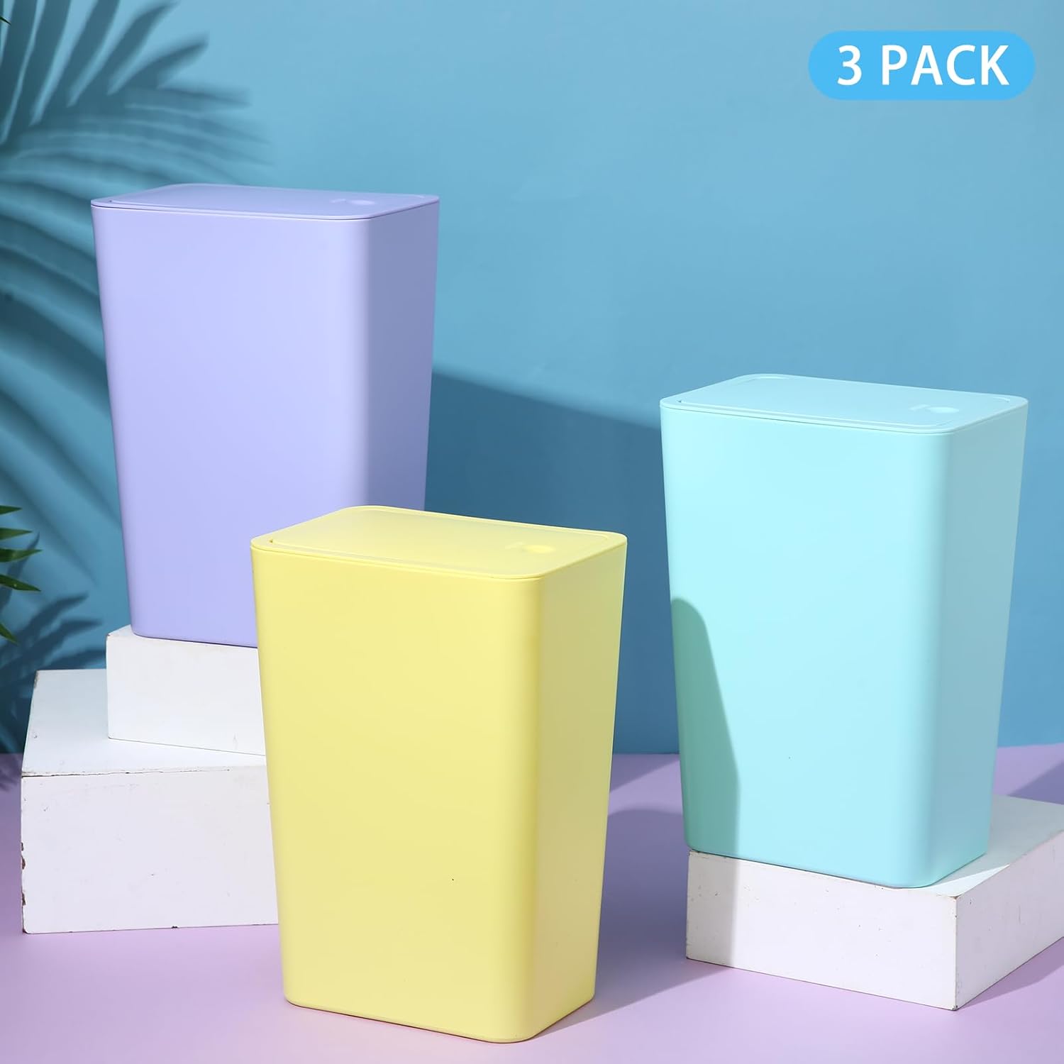 Paquete de 3 cubos de basura pequeños para baño con tapa, papelera delgada de 10 litros2.6 galones con tapa desplegable para dormitorio, oficina,