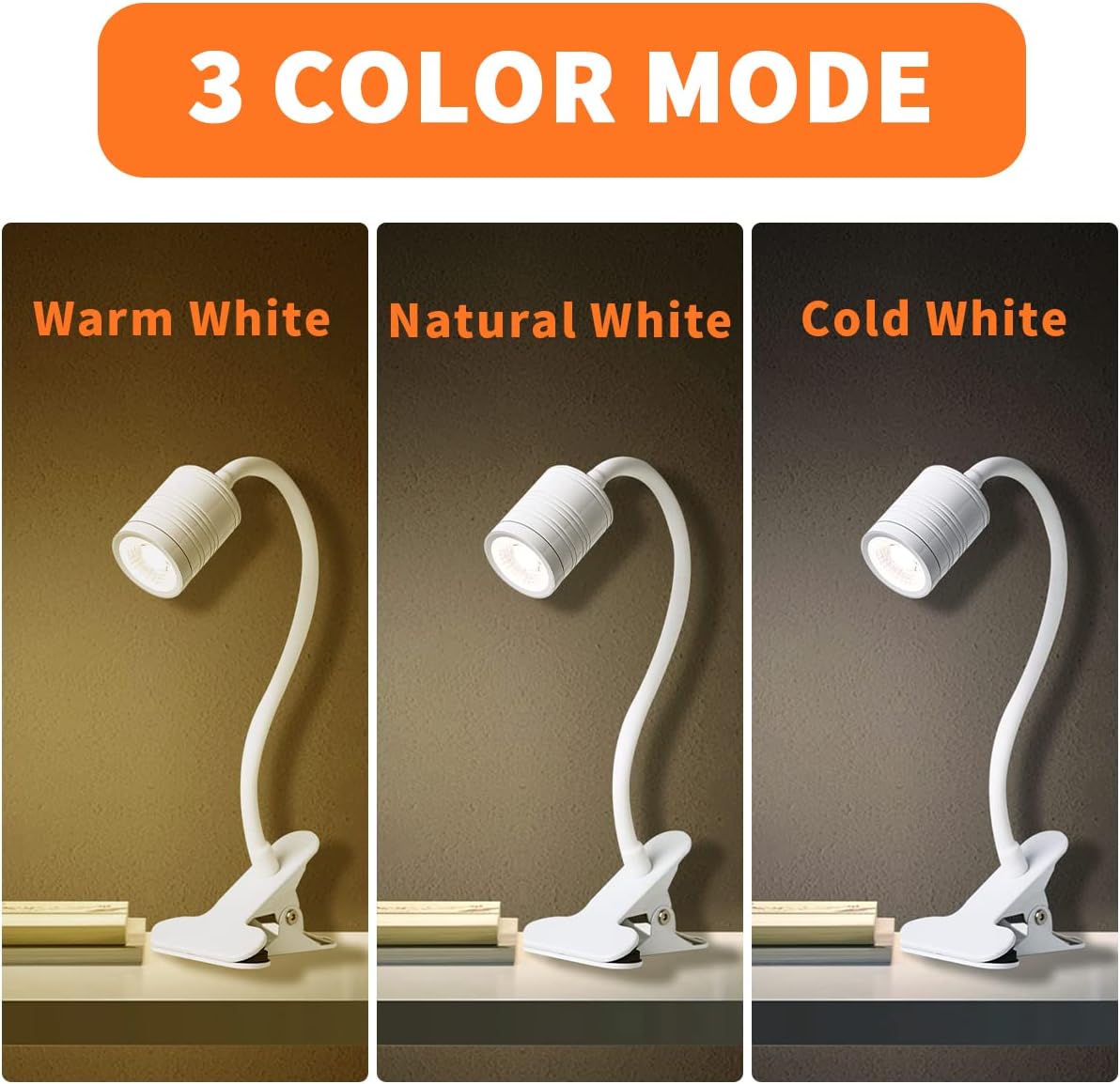 EAGLOD Luz LED de 3 brillos con abrazadera, lámpara LED portátil de clip, clip USB en la lámpara de escritorio, luz de lectura nocturna de cuello de