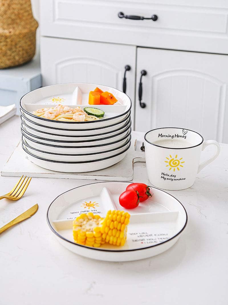 1 plato de cerámica para control de porciones, plato dividido para una alimentación saludable y pérdida de peso, plato de postre dividido, plato de