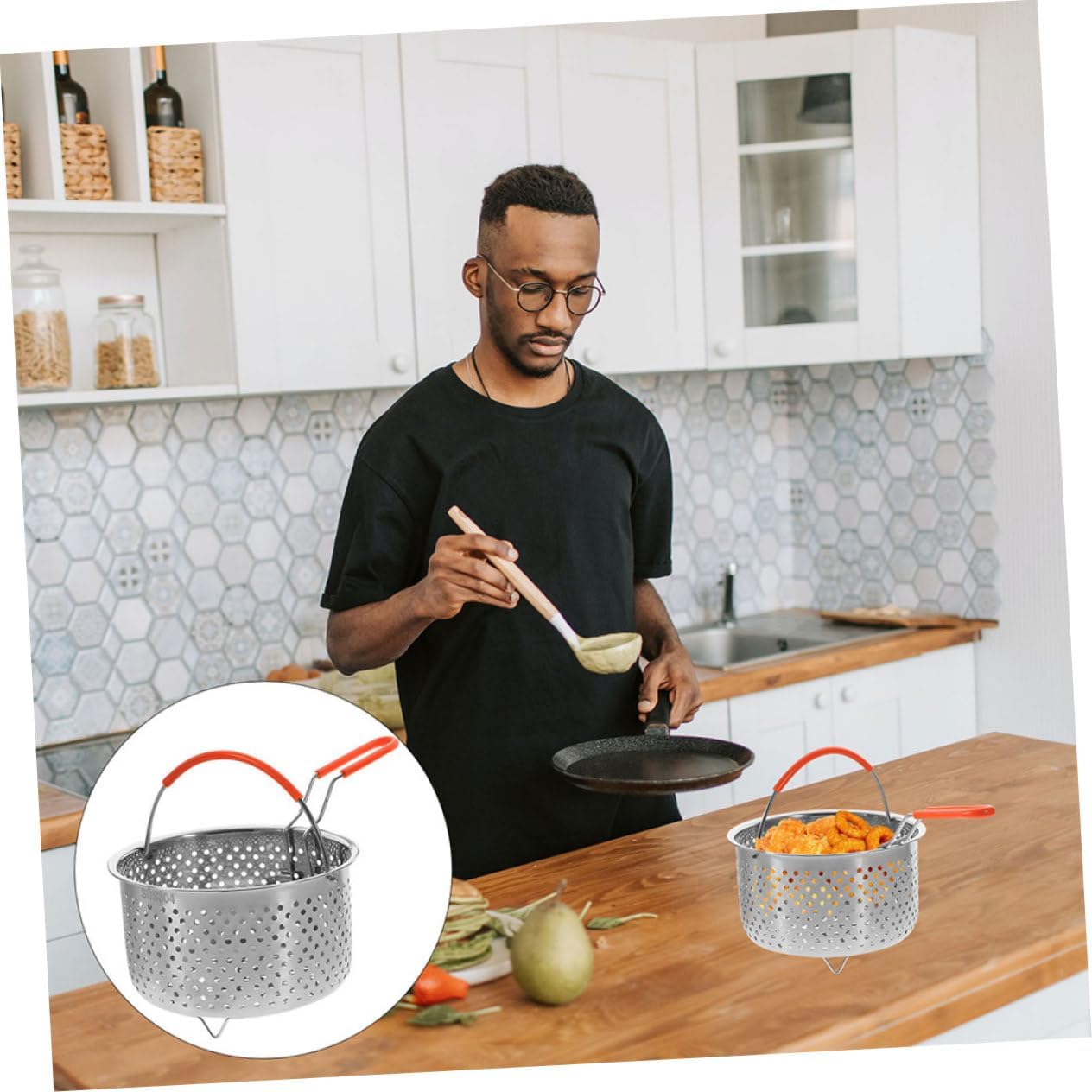 Cesta de fritura de acero inoxidable colador de alimentos fritos colador de fideos con asa cesta de espagueti cesta de metal freír contenedores de