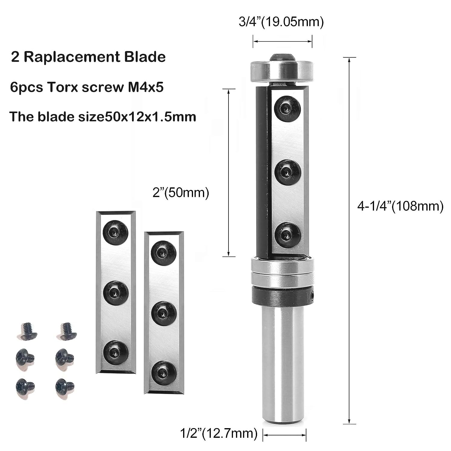 Insertar carburo superior e inferior de rodamiento de enrasado Broca de enrutador de 12 pulgada, diámetro de corte de 34″, longitud de corte de 2″,
