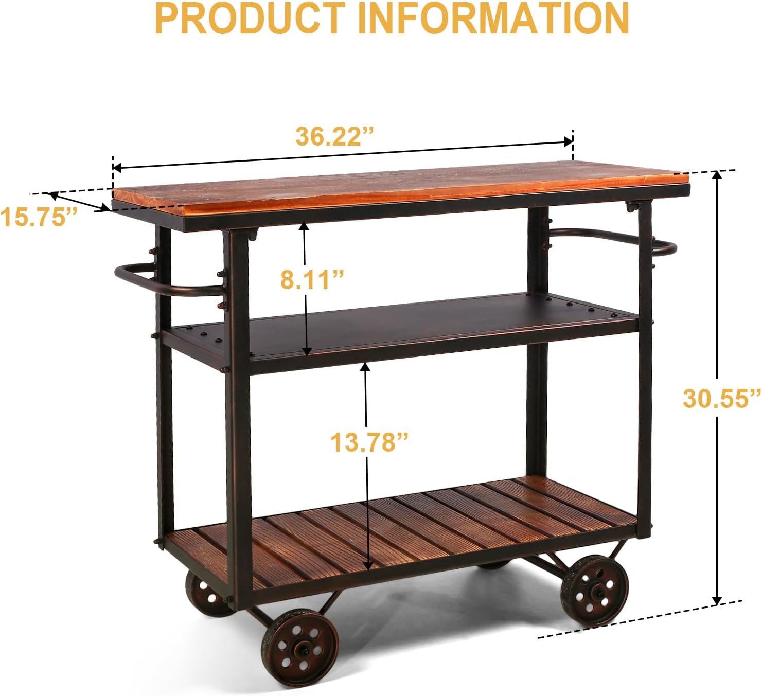 Carrito de bar industrial, carrito de servicio con ruedas y asa, carrito de metal para bebidas de 3 niveles con bandeja extraíble y estantes de