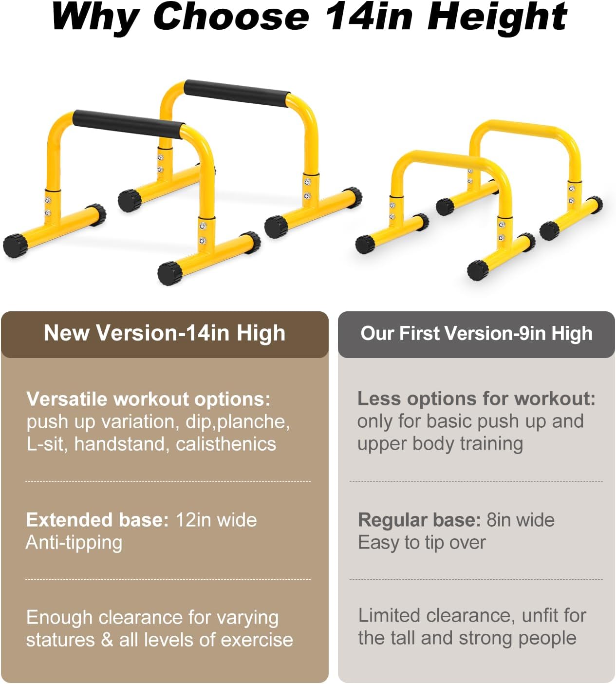 Push Up Bar, 14” High Steel Parallettes & Dip Bar with Full Coverage Foam Handle, Heavy-Duty Calisthenics Parallel Bars for L-Sit, Dips, Home Gym
