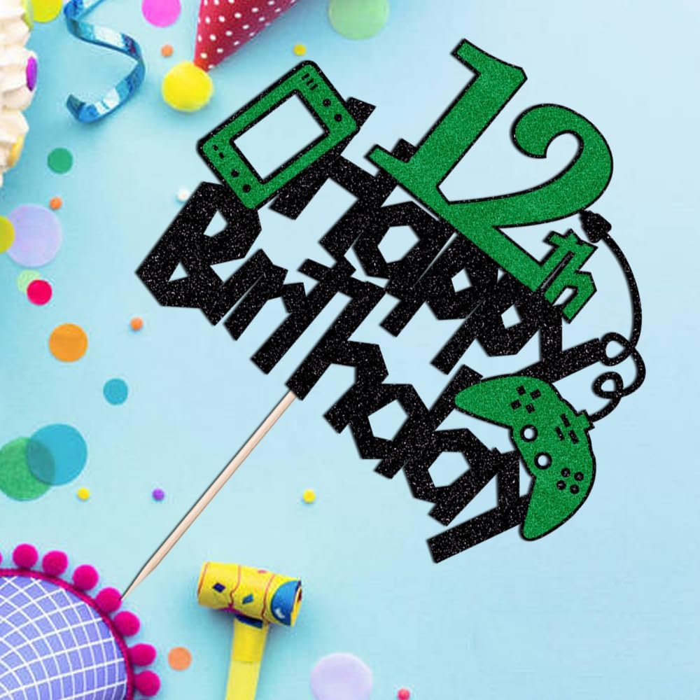 Dcokska Decoración para pastel de cumpleaños número 12, controlador de juego con purpurina, decoración de pastel de feliz cumpleaños, suministros de
