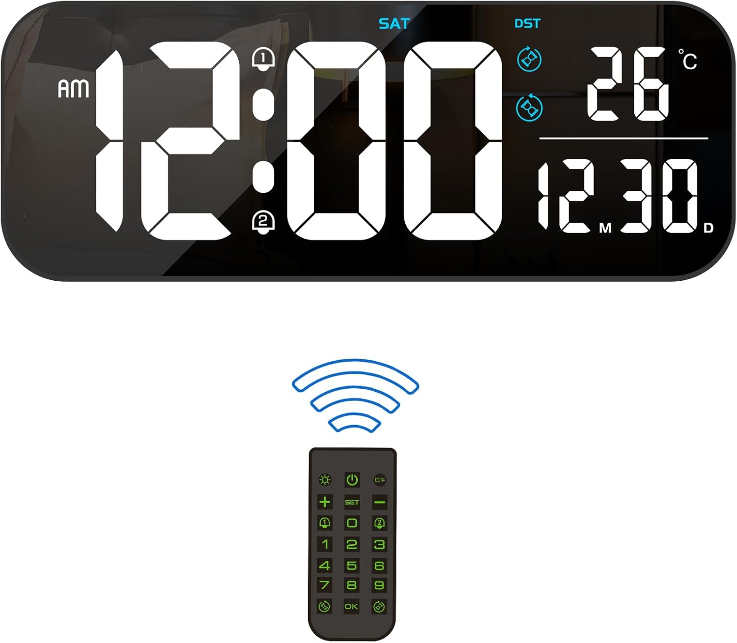 Reloj de pared digital, pantalla LED grande de 15.2 pulgadas con control remoto, 2 despertadores, DST, atenuación automática, 1224 horas,