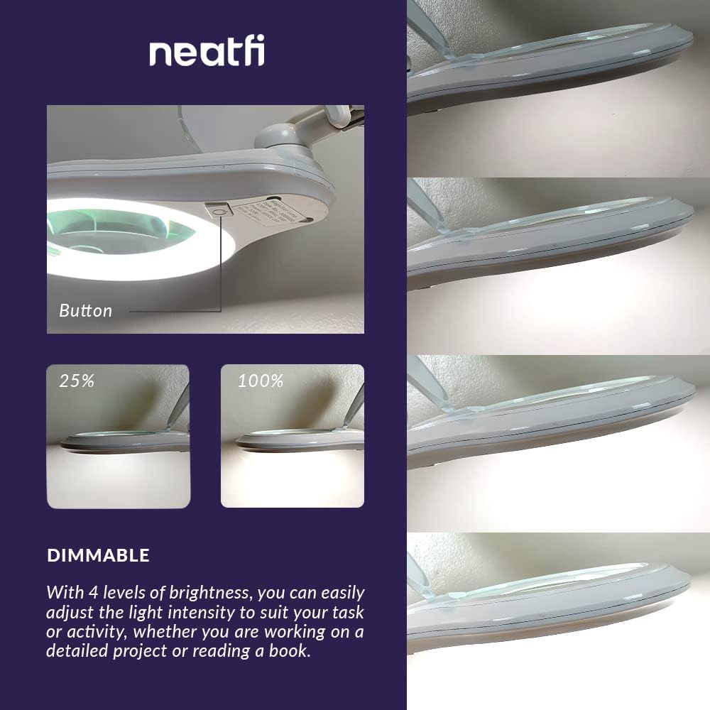 Neatfi (Nuevo modelo) Bifocals 1200 lúmenes Super LED Lámpara de pie con 5 ruedas base rodante, 5 dioptrías con 20 dioptrías, regulable, lupa de