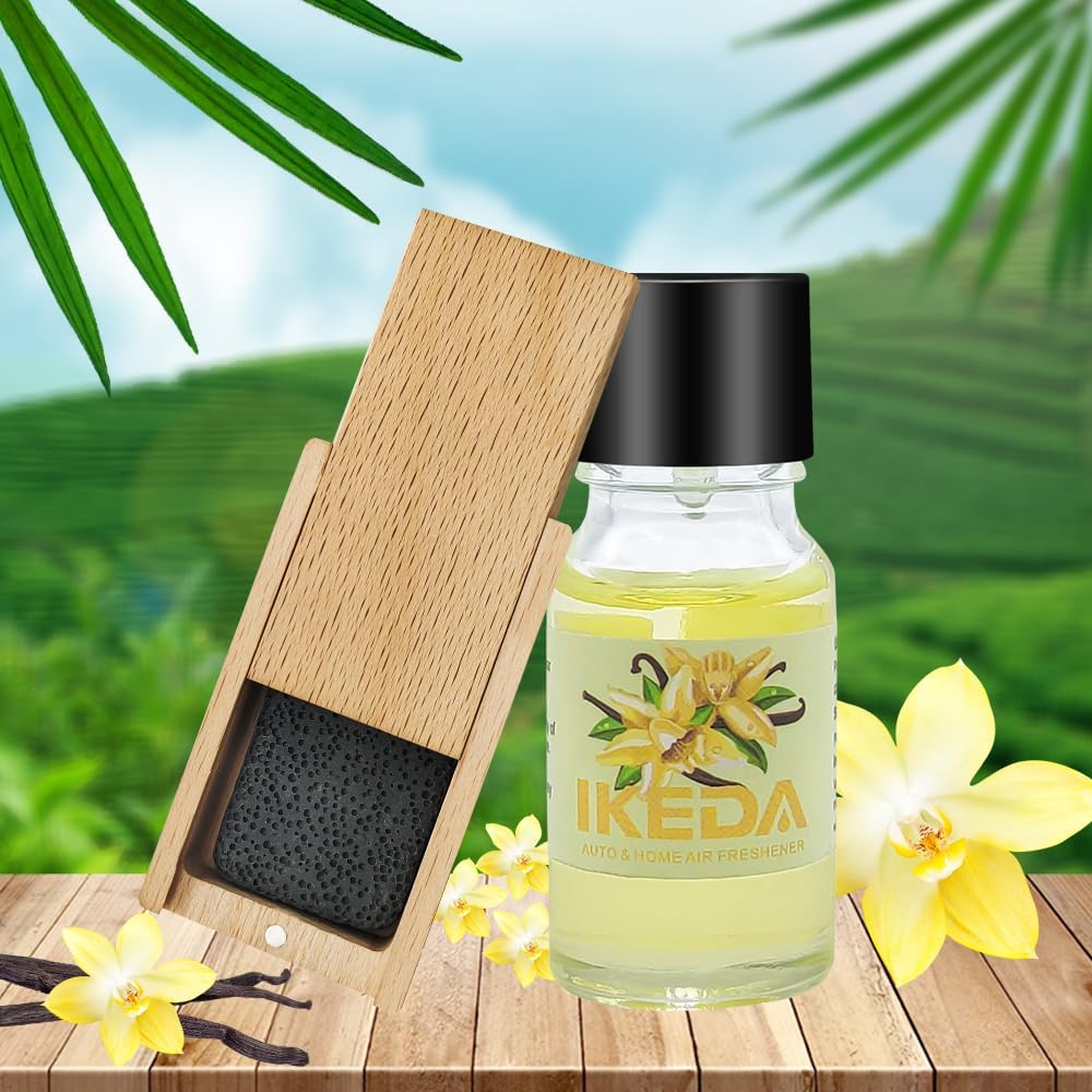 Ikeda – Ambientador para automóvil caja de madera con difusor de fragancia, aromas para automóvil, con un aceite esencial, con piedra volcánica,