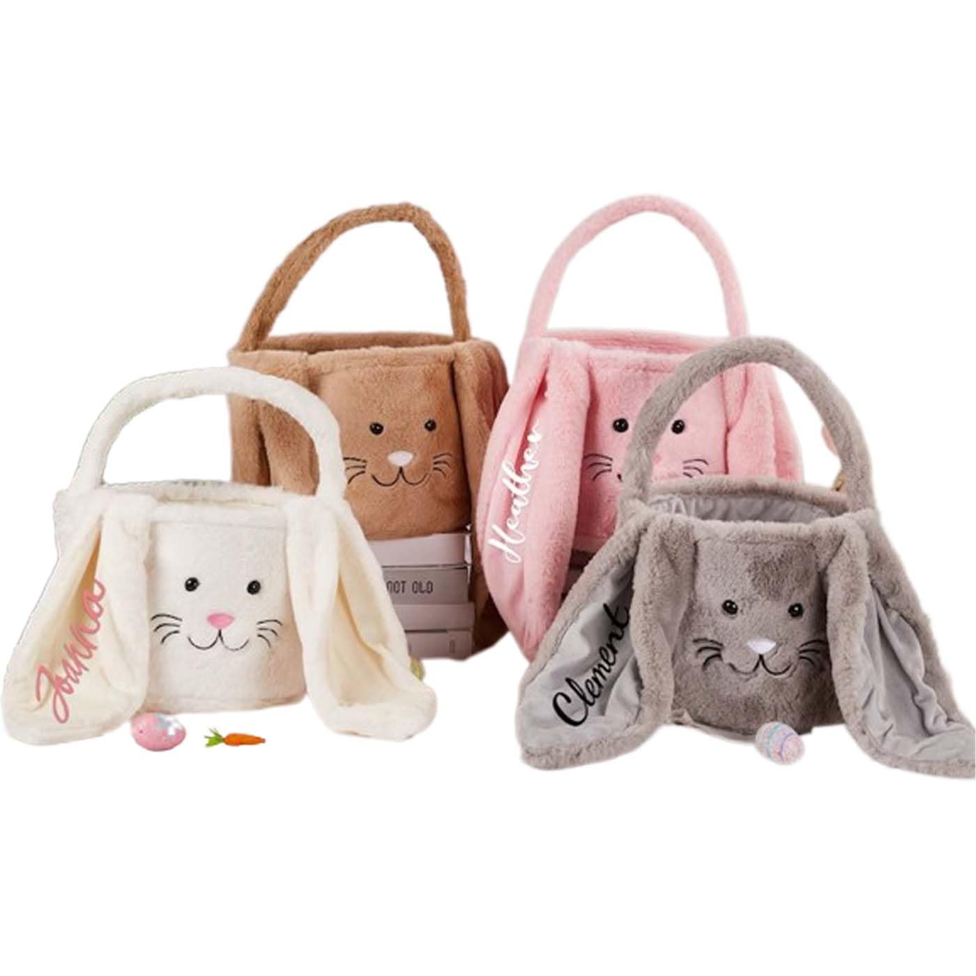 Cestas de Pascua personalizadas, cubos de conejo de Pascua con nombre personalizado, cesta de orejas de conejo de Pascua de felpa para niños y