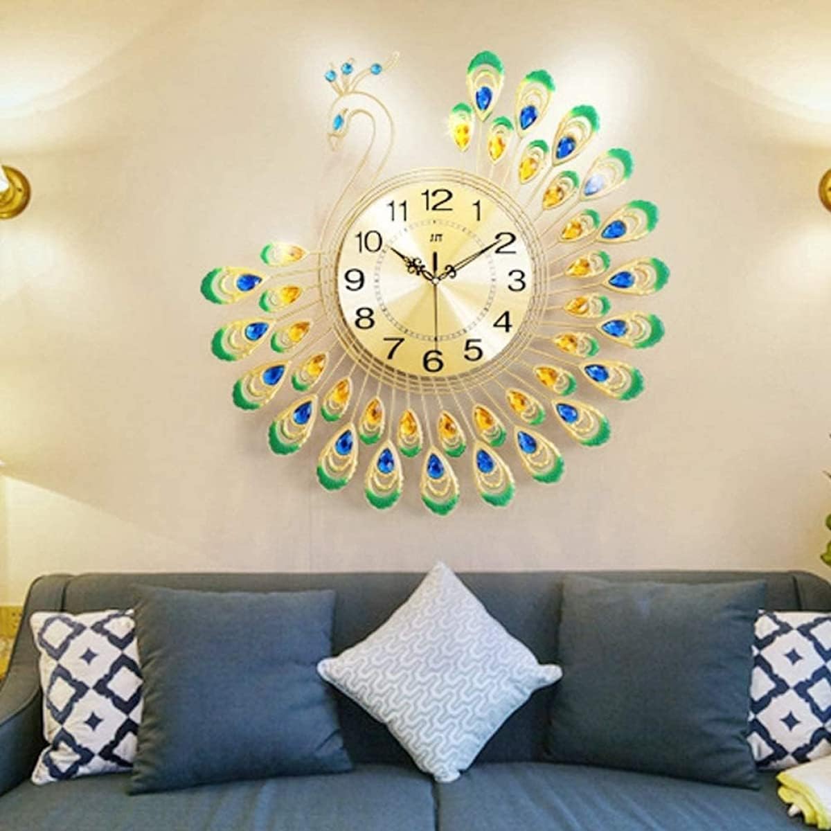 VIXPET Reloj de pared de pavo real, reloj de pared de pavo real, cristal 3D, forma de pavo real, sin tictac, reloj silencioso para sala de estar,