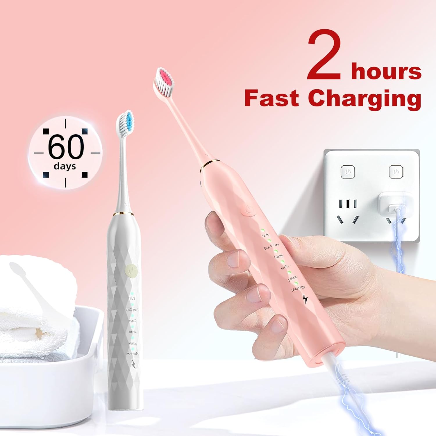 2 cepillos de dientes eléctricos con soportes, 10 cabezales de cepillo de dientes sónico de repuesto, 6 modos, IPX7 impermeable, temporizador