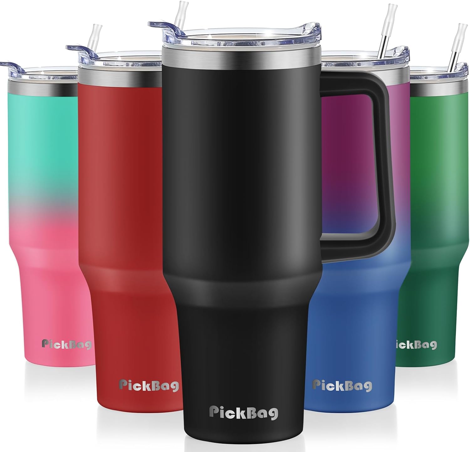Vaso de 40 onzas con asa y popote, 100% a prueba de fugas, de acero inoxidable, con aislamiento térmico, para viaje, para café, mantiene las bebidas