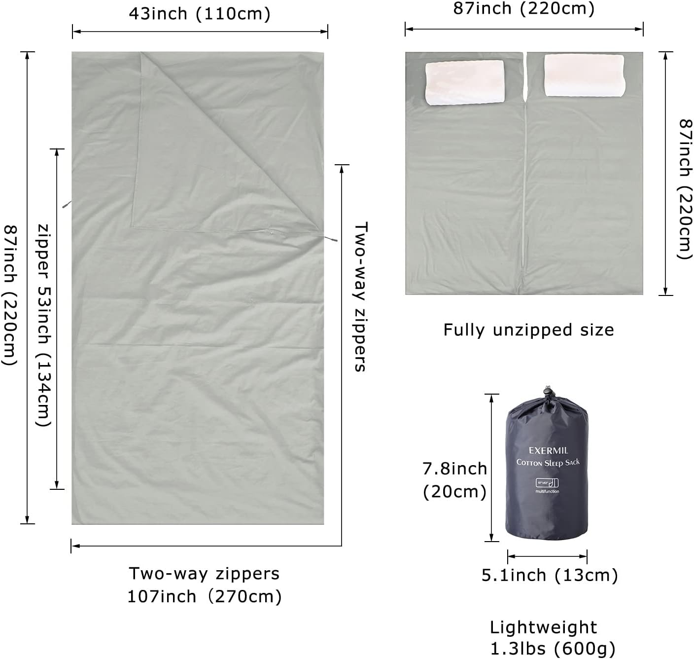 EXERMIL Forro para saco de dormir 100% algodón con cremalleras completas, saco de dormir grande de 87 x 43 pulgadas para adultos para viajes y
