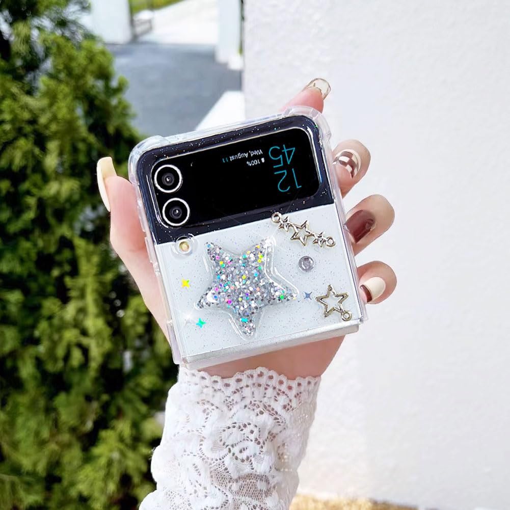Funda para Samsung Galaxy Z Flip 4 con diseño de estrellas con purpurina, bonita funda transparente con diseño de estrellas 3D brillantes y