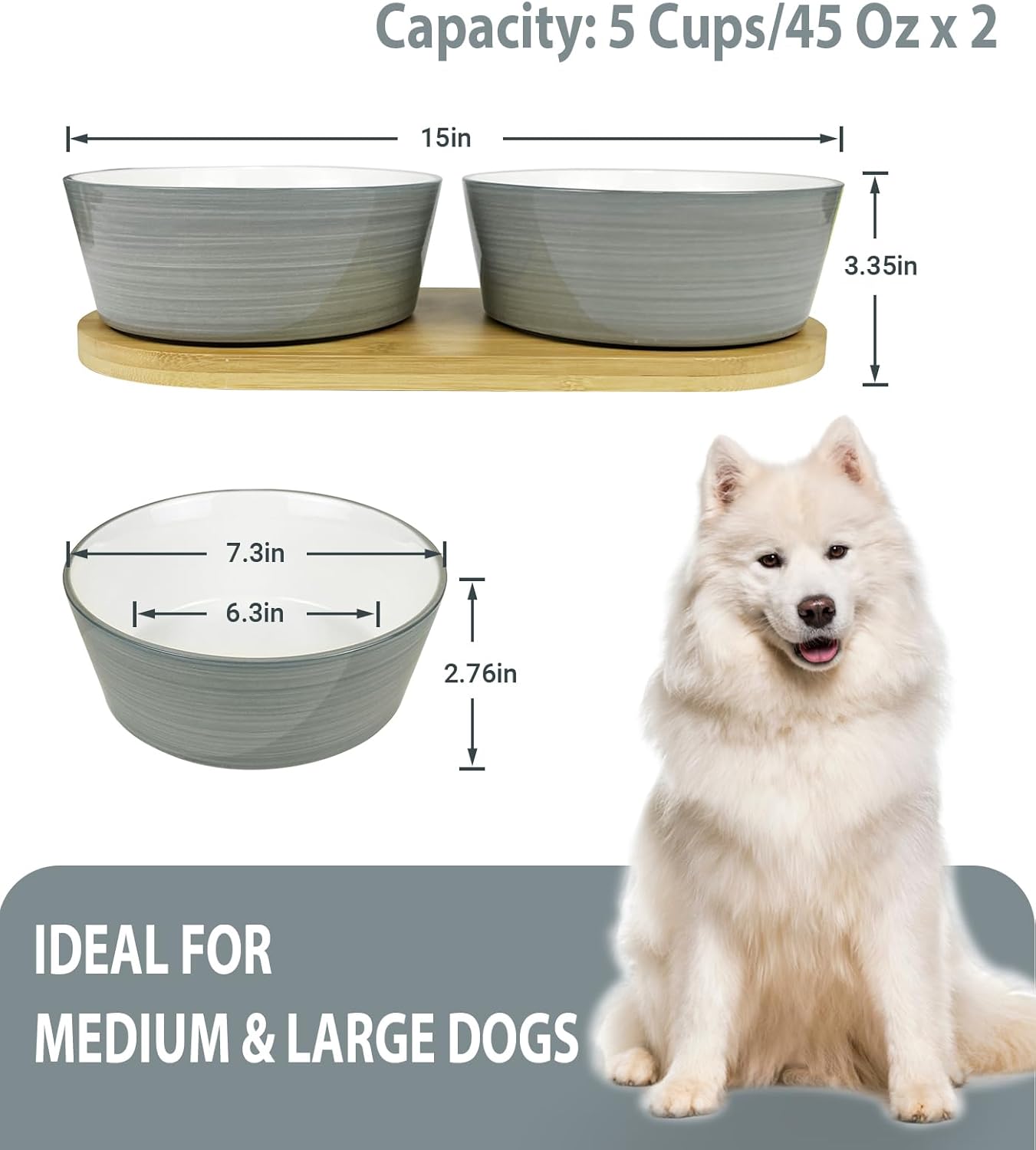 LIHONG Juego de cuencos de cerámica para perros, comida y agua con bandeja de madera antideslizante, tazón doble de comida para mascotas para perros