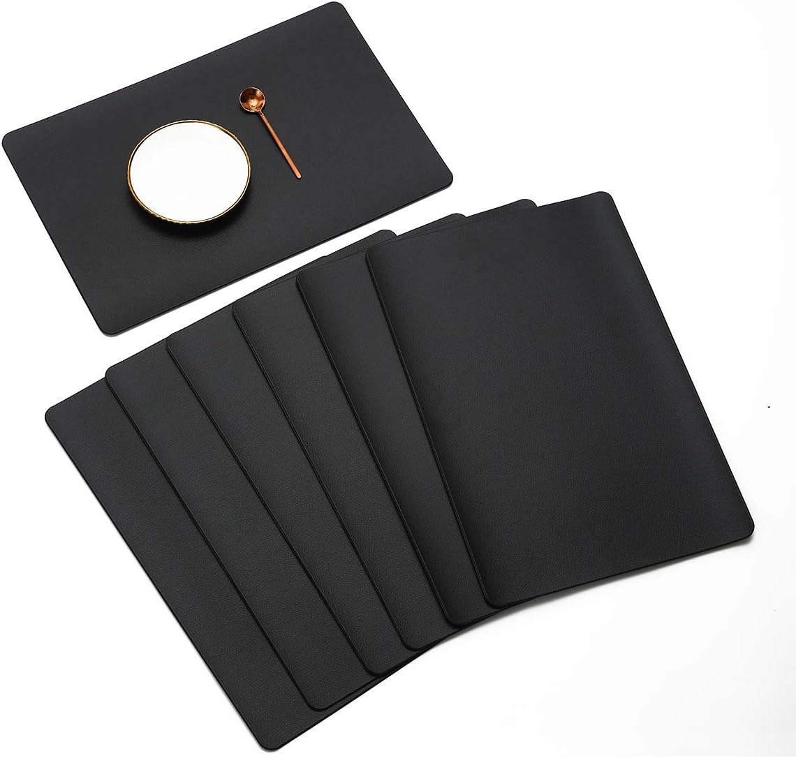 Juego de 6 manteles individuales para mesa de comedor, de cuero negro, impermeables, resistentes al calor, lavables, para interiores y exteriores,