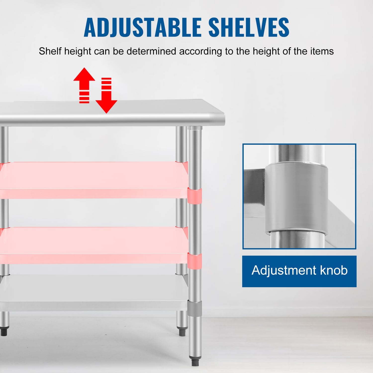 FDW – Mesa de trabajo ajustable de acero inoxidable resistente a los rayones para uso comercial, cocina o para organización y almacenamiento, Acero
