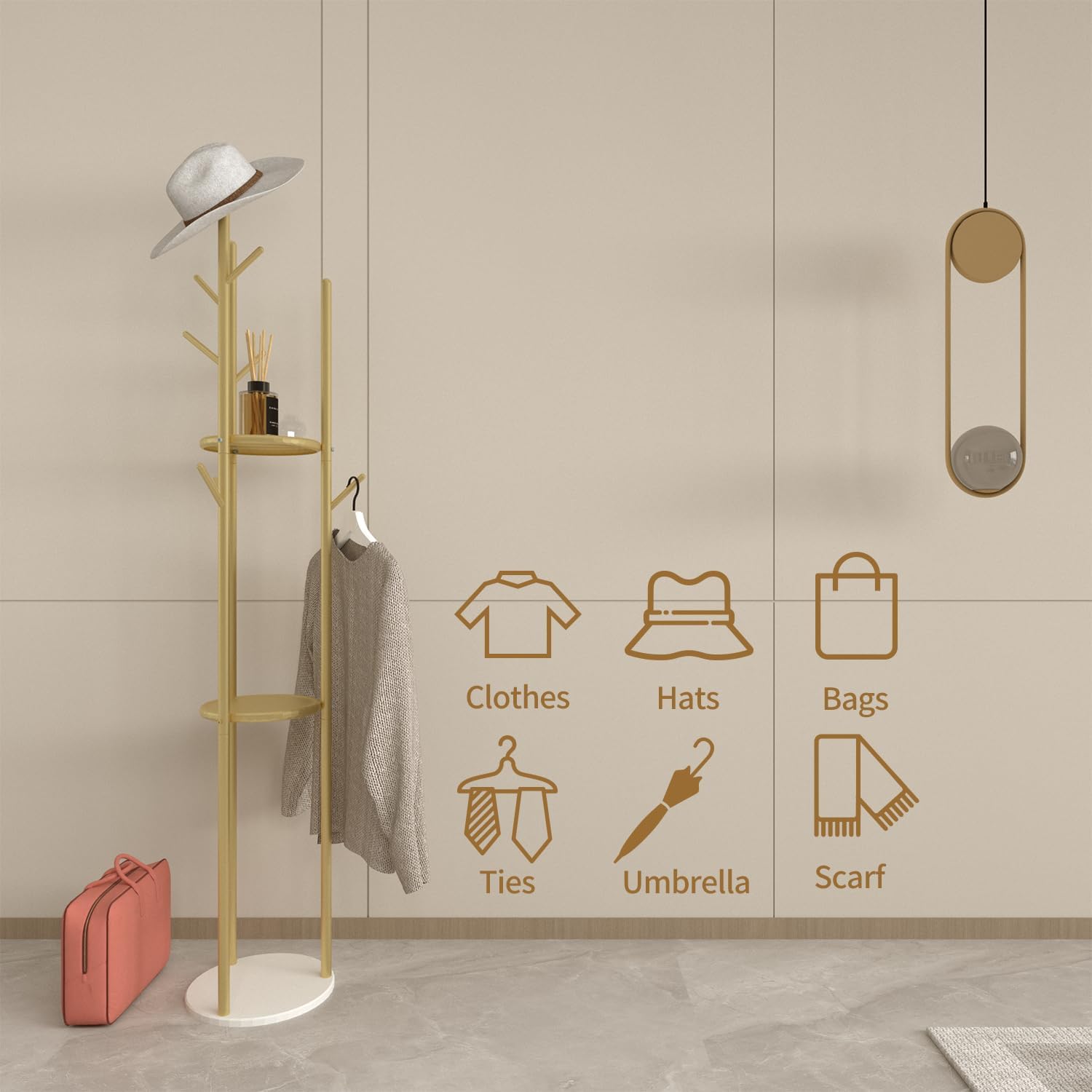 Moderno perchero y ropa  9 ganchos y 3 estantes  resistente y elegante, soporta hasta 220 libras, ahorra espacio y es duradero con diseño elegante