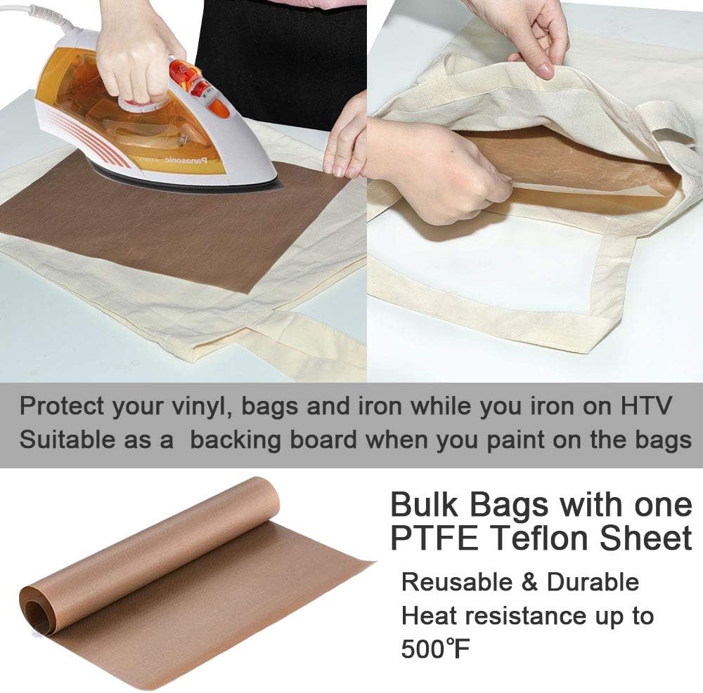 FunisFun Paquete de 10 bolsas de lona en blanco, bolsa de compras a granel para manualidades con una hoja de teflón PTFE DIY bolsa de comestibles