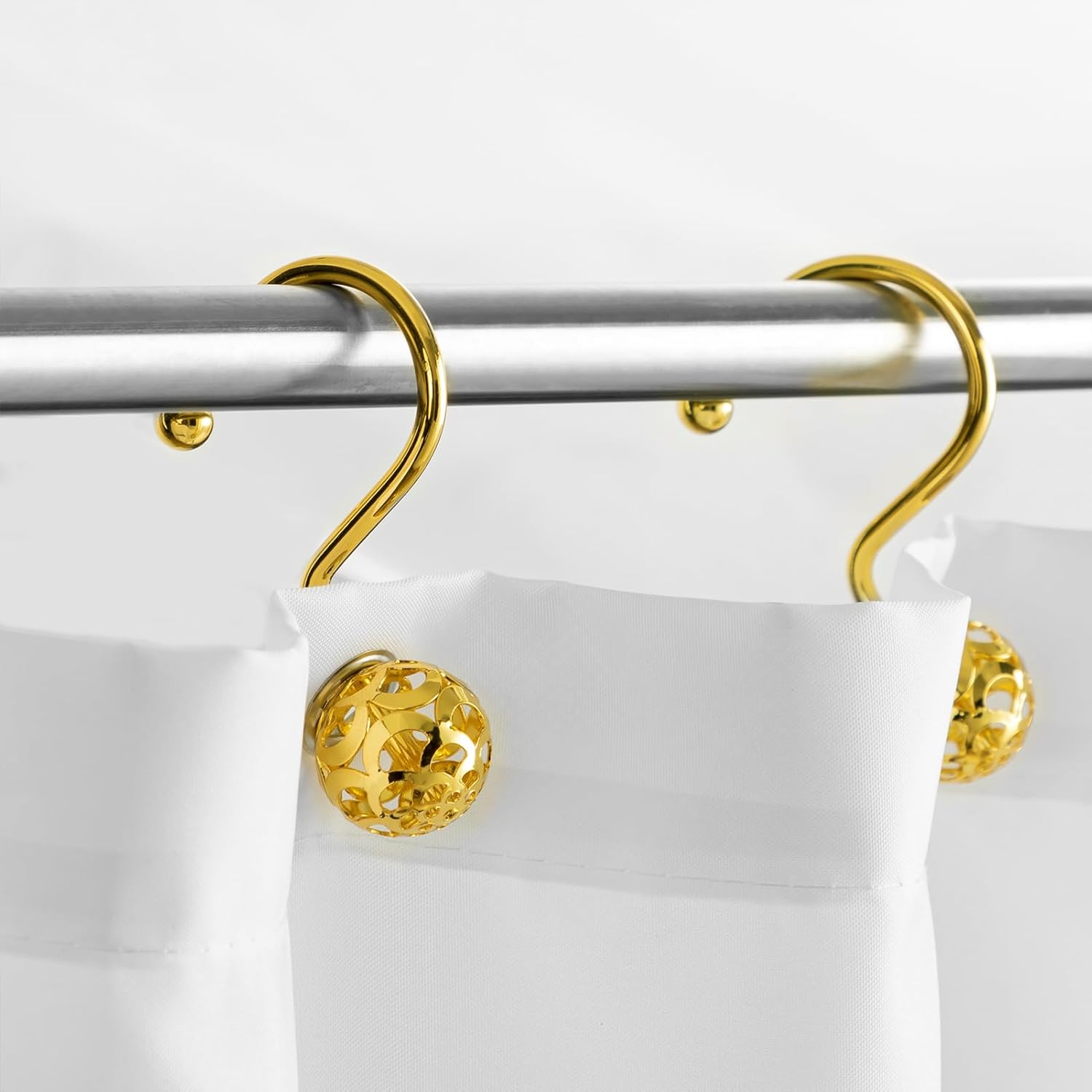 HBlife 12 ganchos dorados para cortina de ducha a prueba de óxido, bola hueca de metal, anillos decorativos para cortina y barra de ducha de baño