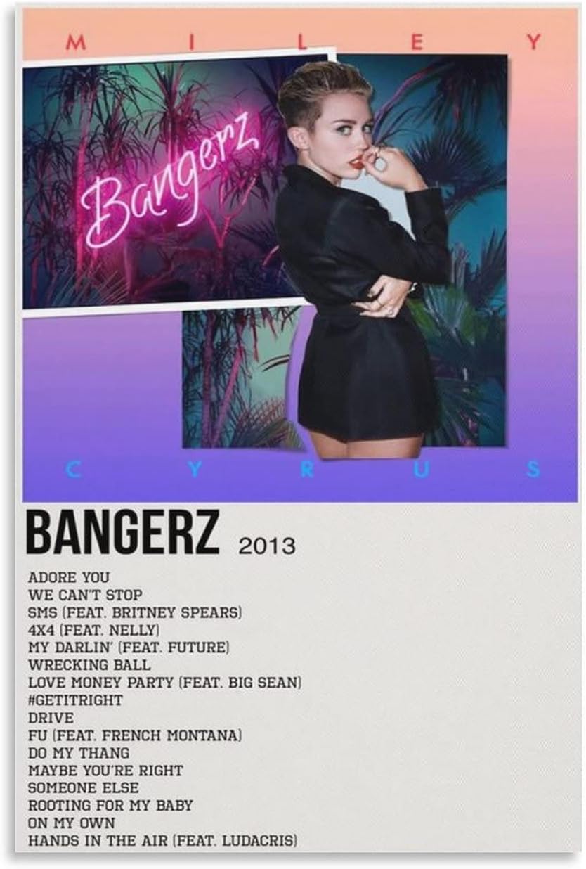 Miley Cyrus BANGERZ 2013 – Póster de lienzo decorativo para pared, sala de estar, dormitorio, decoración, regalo, sin marco, estilo 12 x 18 pulgadas
