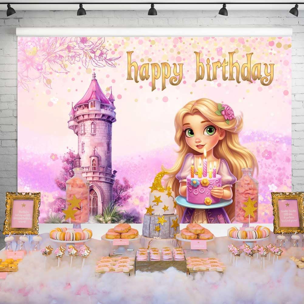 Fondo de cumpleaños de princesa Rapunzel de acuarela, Rapunzel para niños pequeños con fondo de fotos de castillo de pastel, pancarta temática