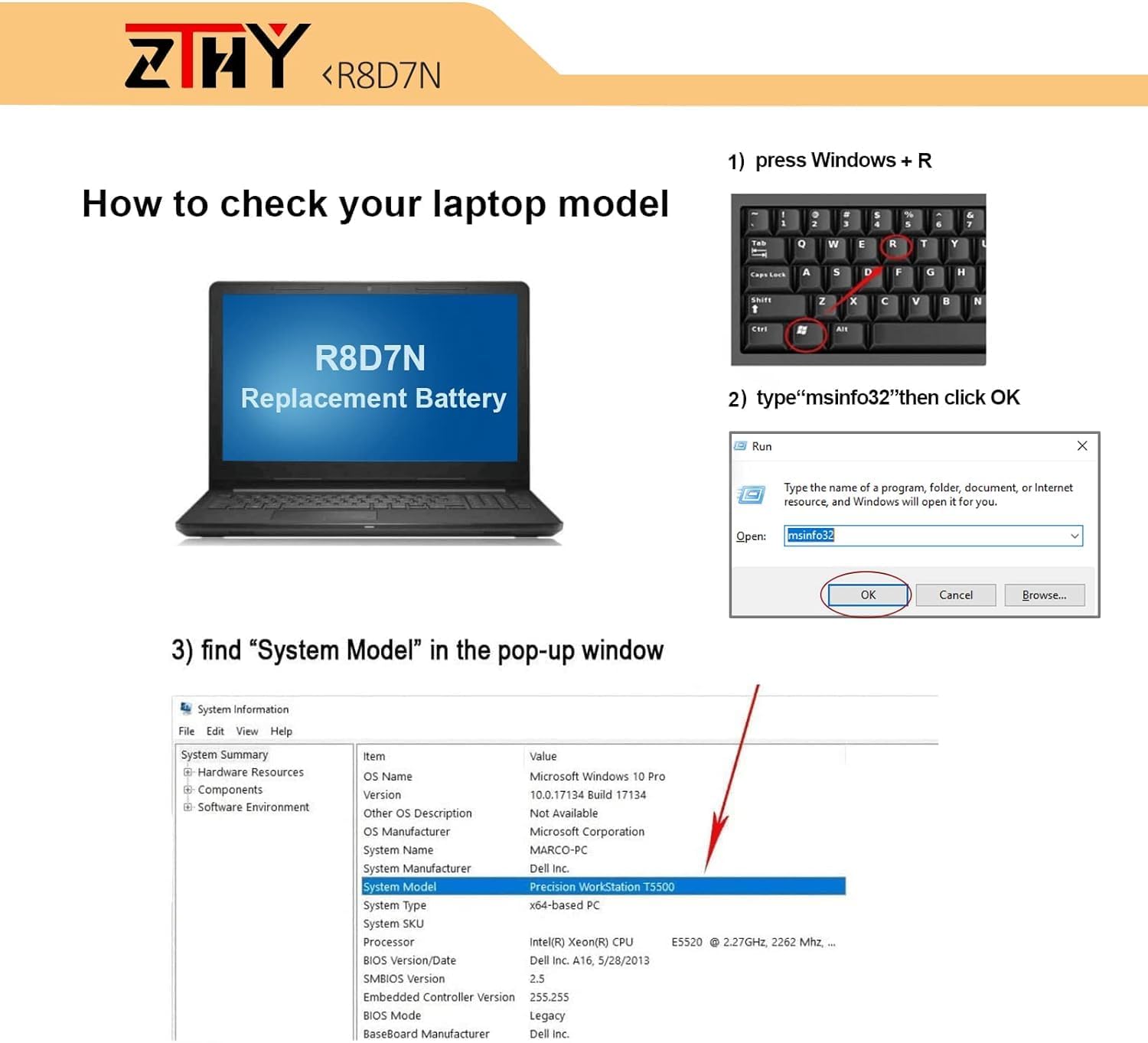 ZTHY 51Wh R8D7N – Batería para laptop compatible con Dell Precision 3540 M3550 Latitude 5400 5410 5500 5510 Inspiron 759075917791 Series 2 en 1