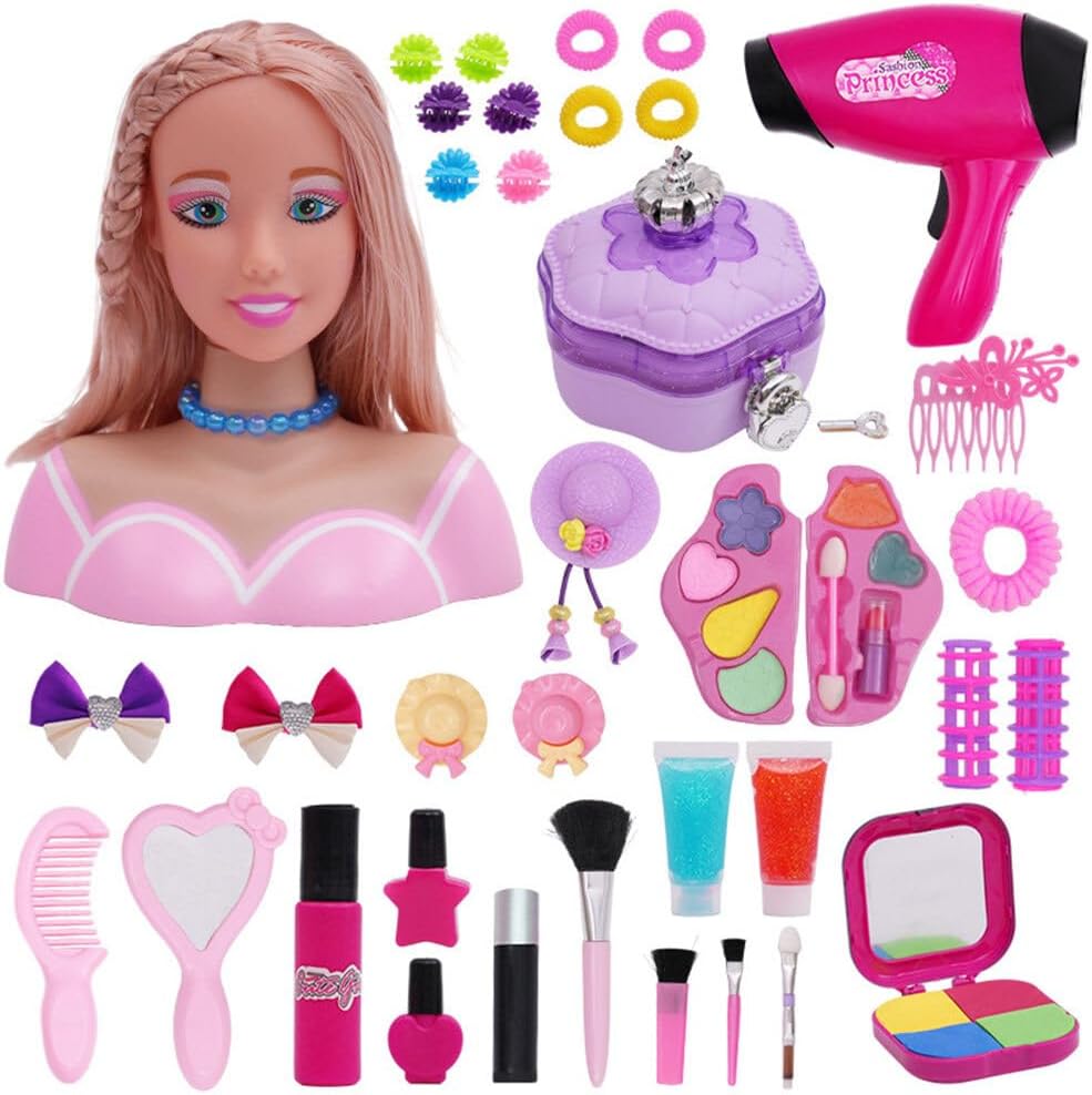 ClearEdge Cabeza de muñeca para peinar el cabello con accesorios para secador de pelo, juego de maquillaje para niños, juego de maquillaje para