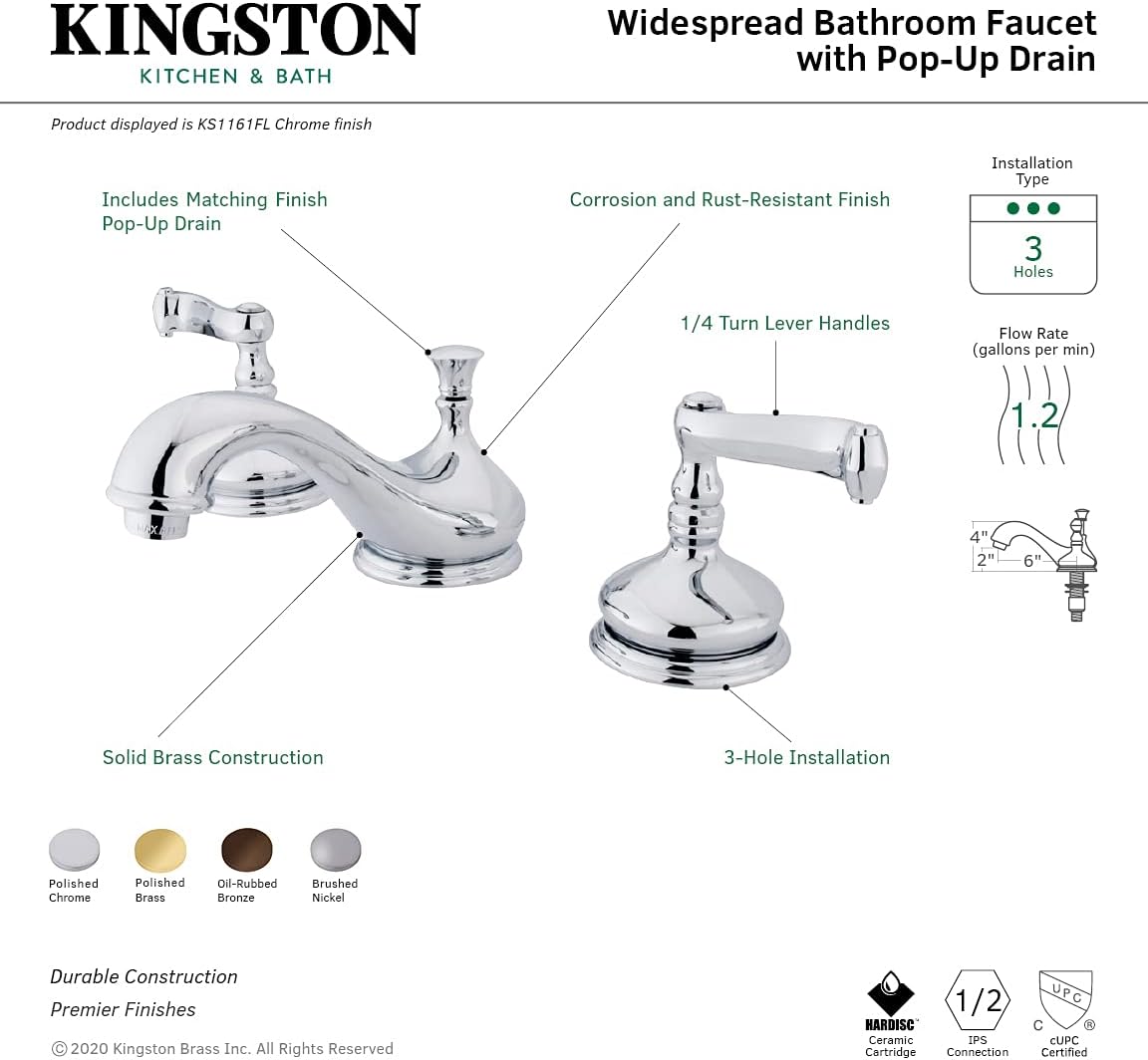 Kingston Brass KS1162FL Royale – Grifo de lavabo generalizado, latón pulido, centro ajustable de 8 pulgadas