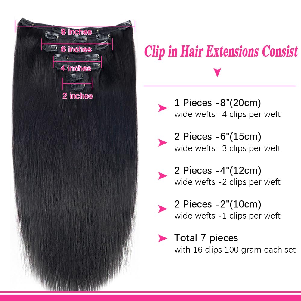 Pobokix Extensiones de cabello lacio con clip para mujer, 100% sin procesar, extensiones de cabello humano virgen brasileño, 7 piezas con 16 clips,