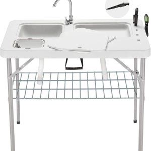 Hupmad Mesa plegable de limpieza de peces de 37 pulgadas con lavabos dobles y grifo, estación de filete portátil al aire libre con marco de rejilla, Hupmad Mesa plegable de limpieza de peces de 37 pulgadas con lavabos dobles y grifo, estación de filete portátil al aire libre con marco de rejilla,