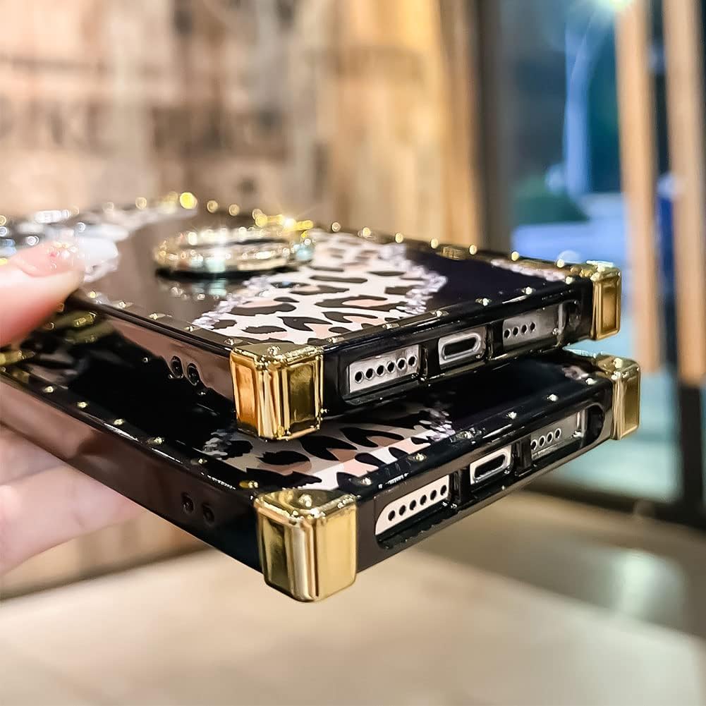 Funda cuadrada de lujo compatible con iPhone 15 Pro de 6.1 pulgadas, funda con soporte de diamante de leopardo, silicona suave y brillante a prueba