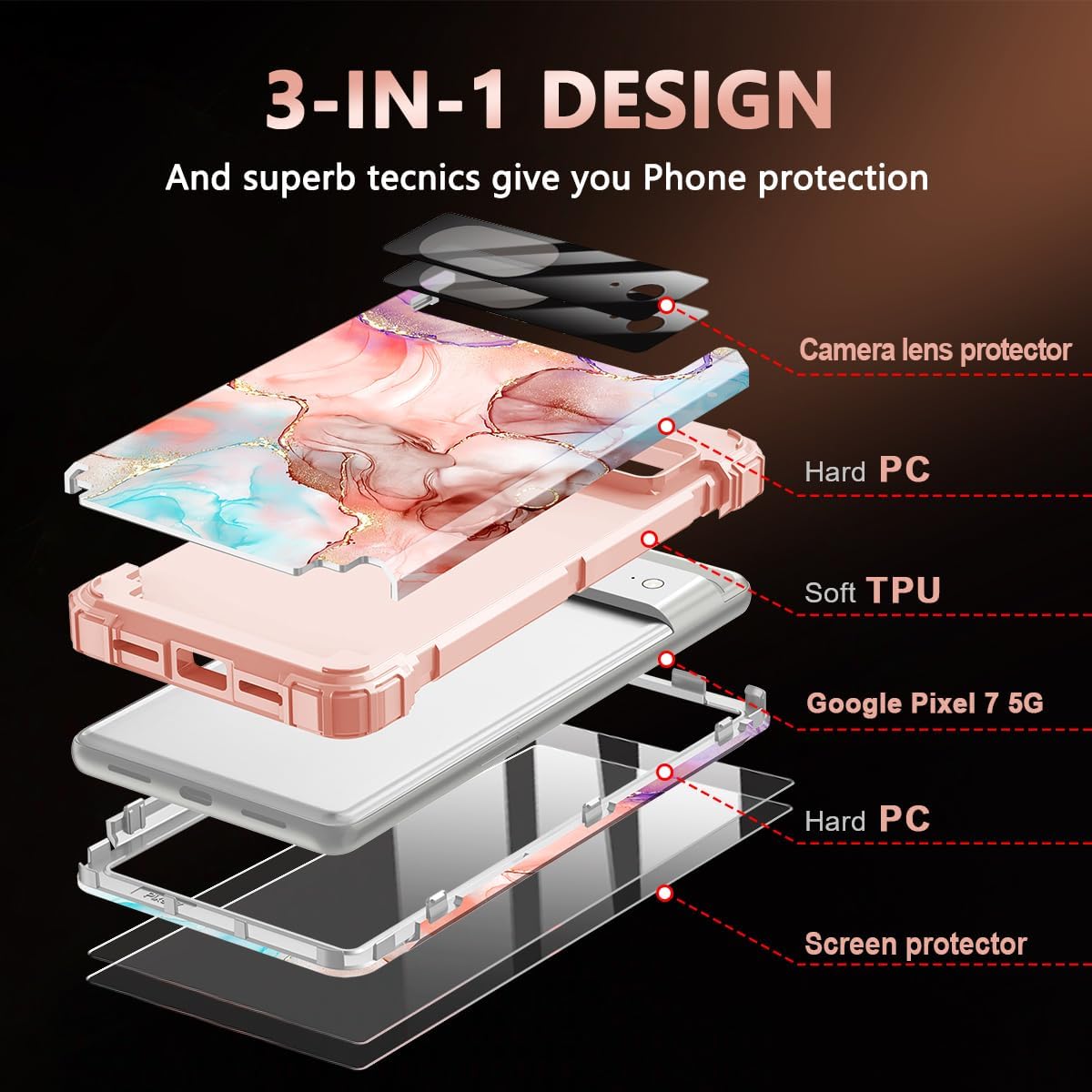 Funda para Google Pixel 7, tres capas resistentes a prueba de golpes de cuerpo completo con 2 protectores de pantalla de vidrio templado + 2