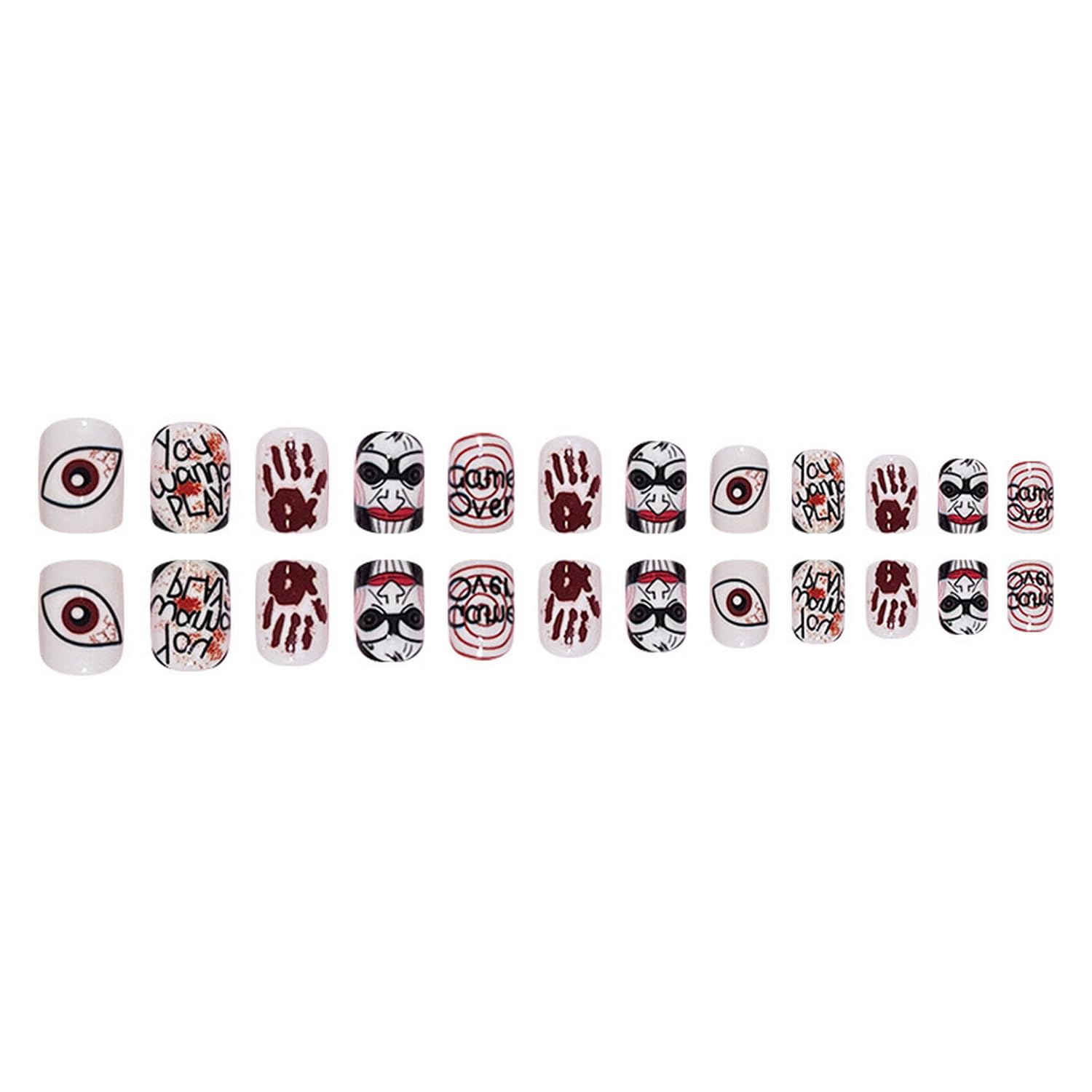 Uñas postizas cortas a presión de Halloween, con cara aterradora, payaso ciclopia, diseños de palmeras terribles, uñas postizas cuadradas góticas