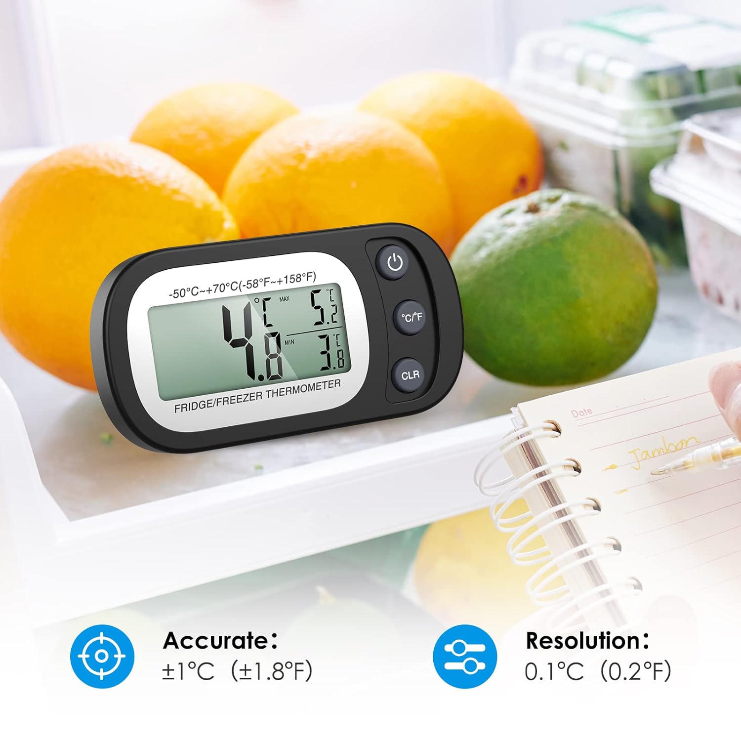 Termómetro de congelador mejorado, termómetro digital para refrigerador, termómetro impermeable para refrigerador con gancho, pantalla LCD,