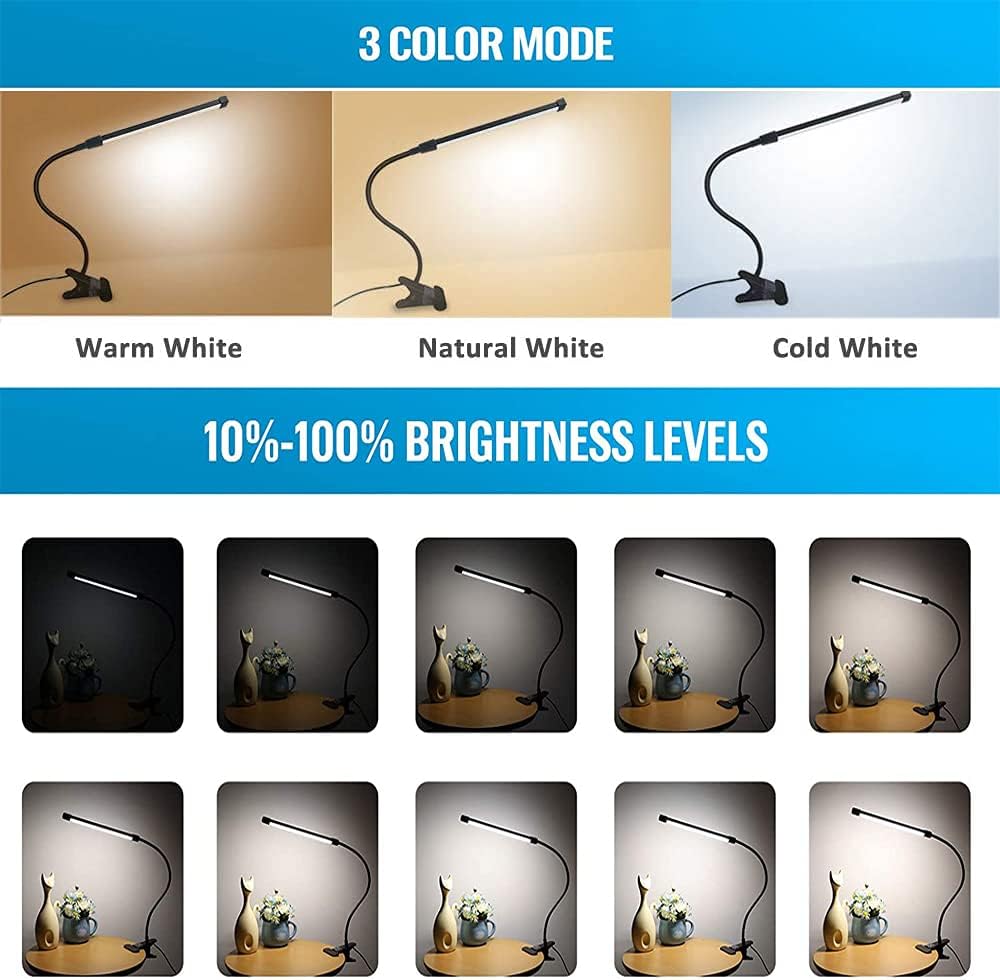 Lámpara de escritorio con clip, luz de lectura de cuidado de los ojos de 7 W con 3 modos de color, 10 brillo y memoria, regulador de intensidad
