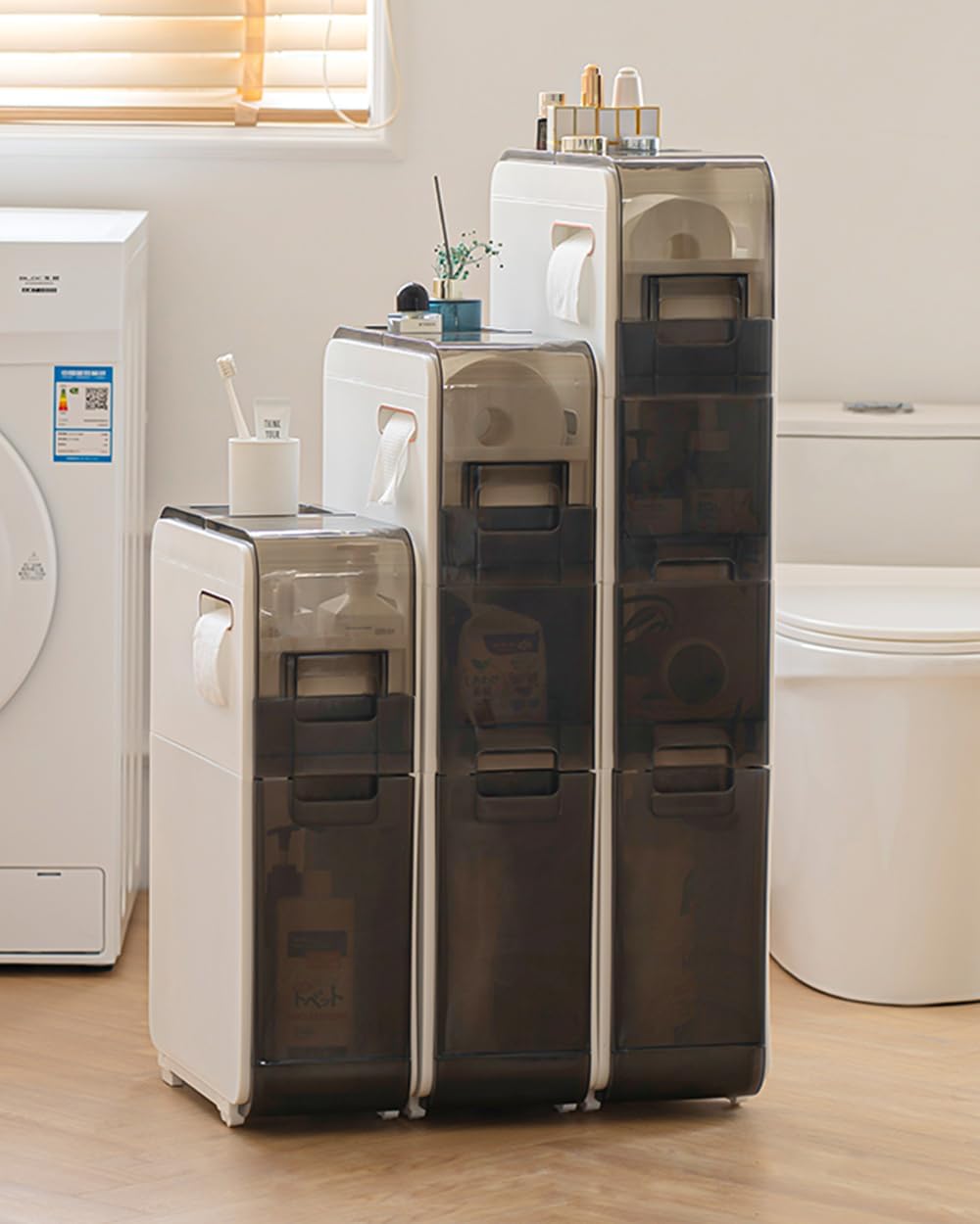 Organizador de armario de suelo de baño, soporte de papel higiénico de 4 niveles y tendencia de almacenamiento, gabinete de almacenamiento estrecho
