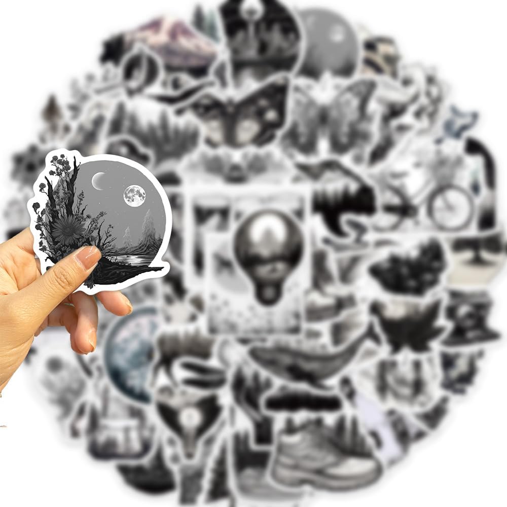 60 calcomanías estéticas para botellas de agua, calcomanías góticas en blanco y negro, para adolescentes, niñas, adultos, calcomanías de naturaleza