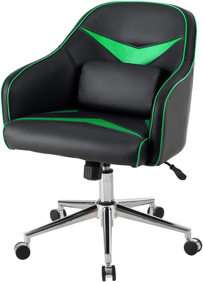 Giantex Silla de juegos de piel sintética, sillón de altura ajustable con respaldo medio con almohada lumbar de masaje, sillas de escritorio
