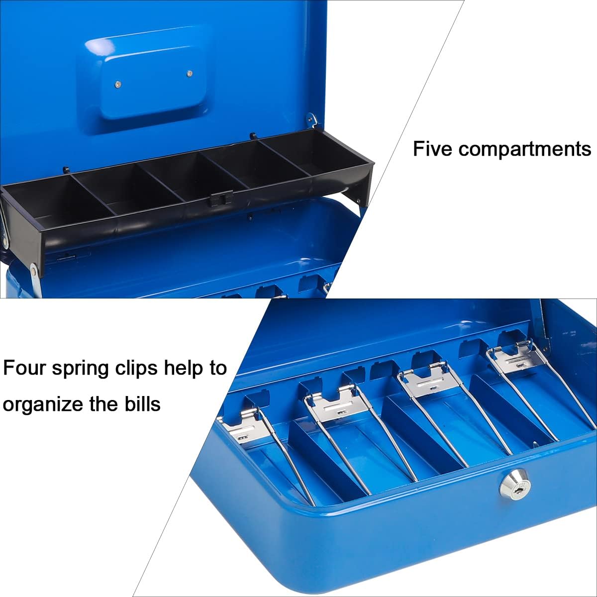 Caja de efectivo con cerradura de llave,Caja de metal duradera con bandeja de dinero,Caja de seguridad de almacenamiento seguro de bloqueo,Azul
