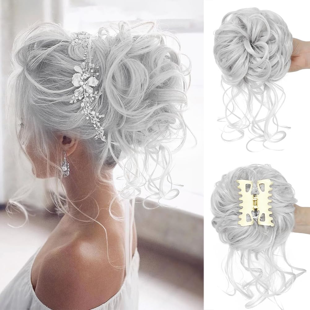 Moño desordenado, pinza de garra, moño despeinado, extensiones de moño sintético rizado para mujer (gris plateado)