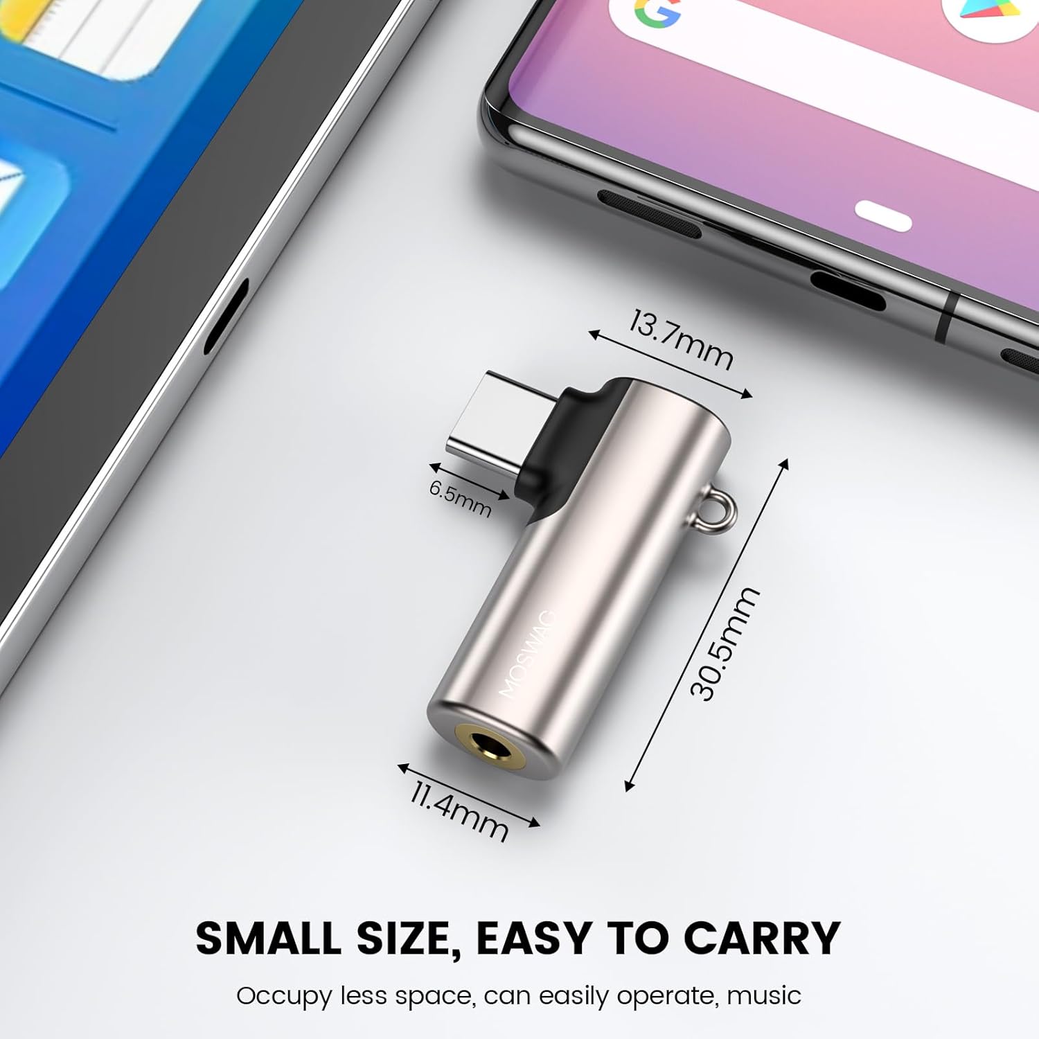 MOSWAG Adaptador de auriculares USB C a conector tipo C de 0.138 in, micrófono auxiliar en ángulo derecho, dongle de audio de aleación de zinc,