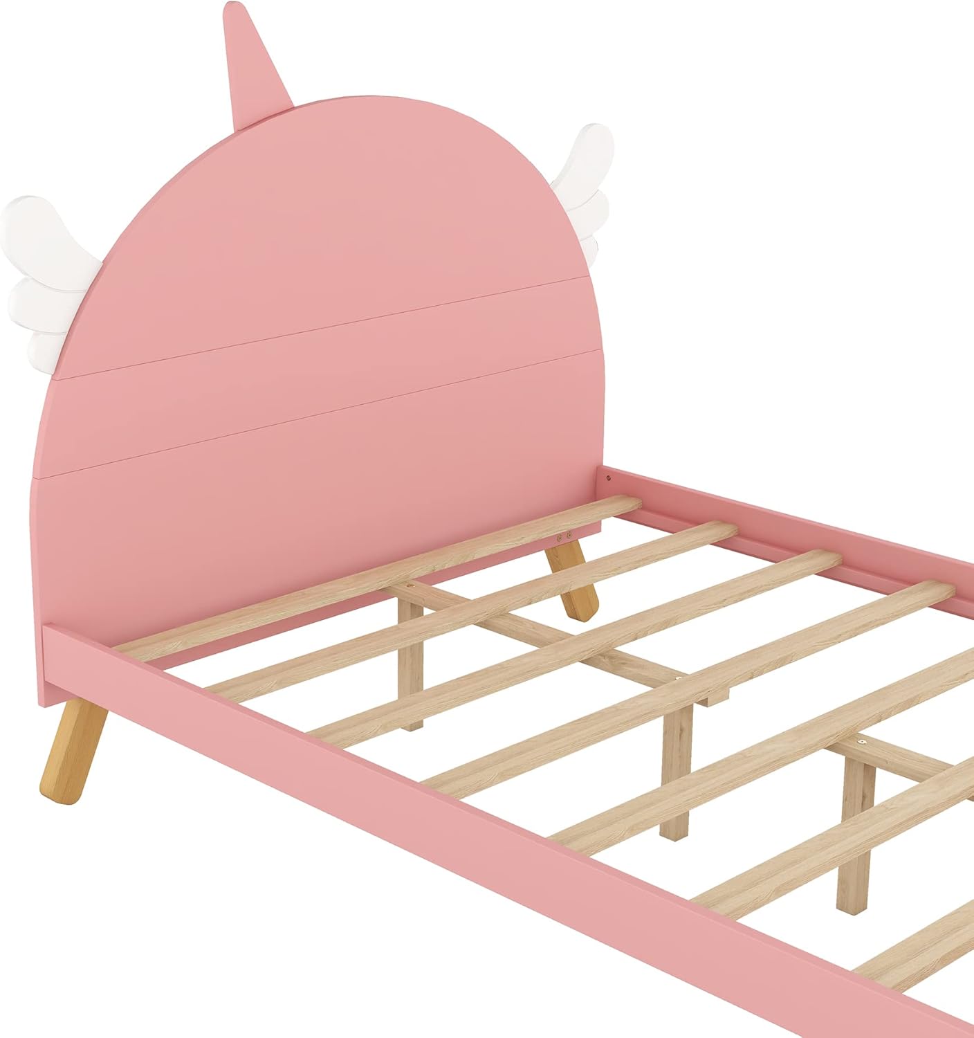 Cama de plataforma de tamaño matrimonial con cabecera en forma de unicornio, marco de cama de madera con soportes de listones, cama de tamaño
