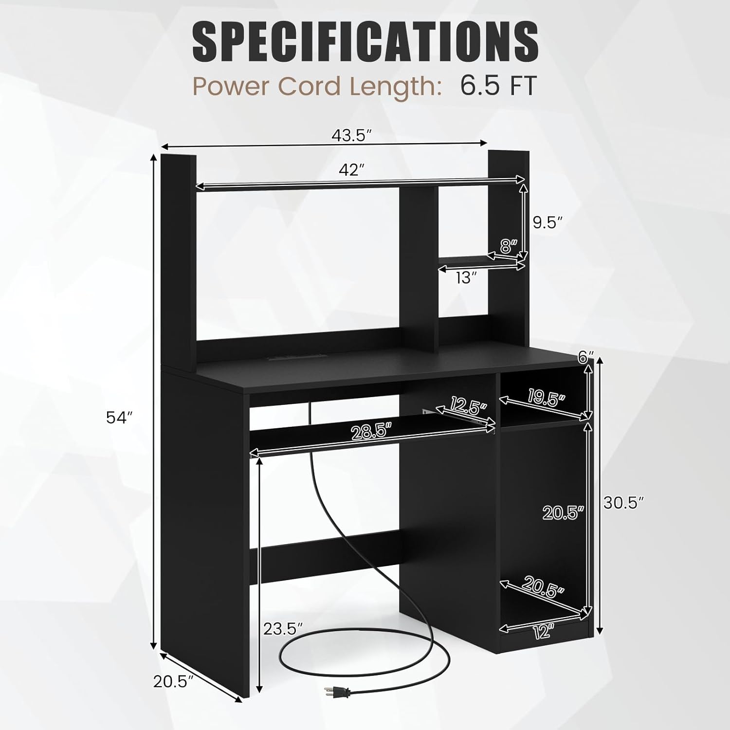 COSTWAY Escritorio negro para computadora con estante de almacenamiento, escritorio de madera con gabinete, escritorio de oficina con soporte para
