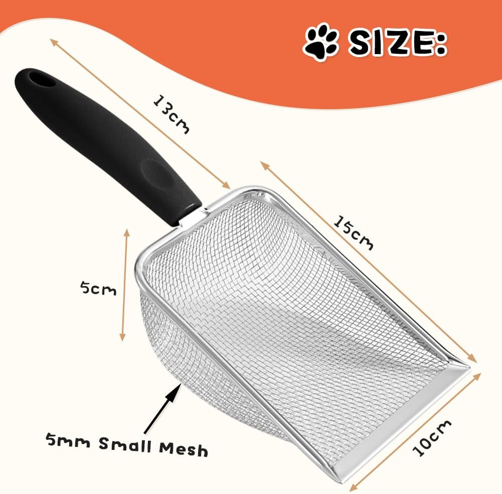 Cuchara de arena para gatos, pala de arena de malla de acero inoxidable, pala profunda, pala de esquina confiable para limpiadores de arenas, pala
