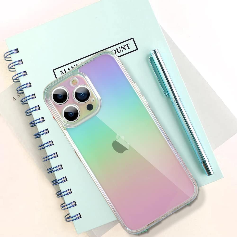 Bonoma Funda compatible con iPhone 15 Pro Max, funda de lujo con cristal iridiscente florescente con cristales iridiscentes, protector de cámara + 2