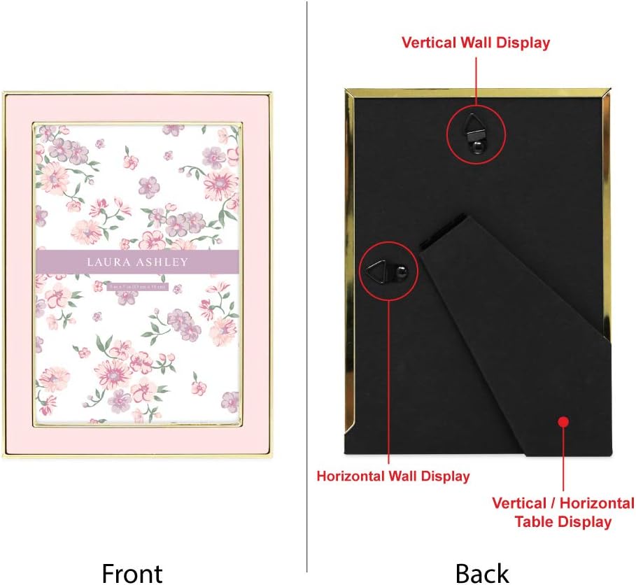 Laura Ashley Marco de fotos esmaltado rosa de 5 x 7 pulgadas, borde de metal dorado con caballete, para encimera, encimera, exhibidor de mesa,