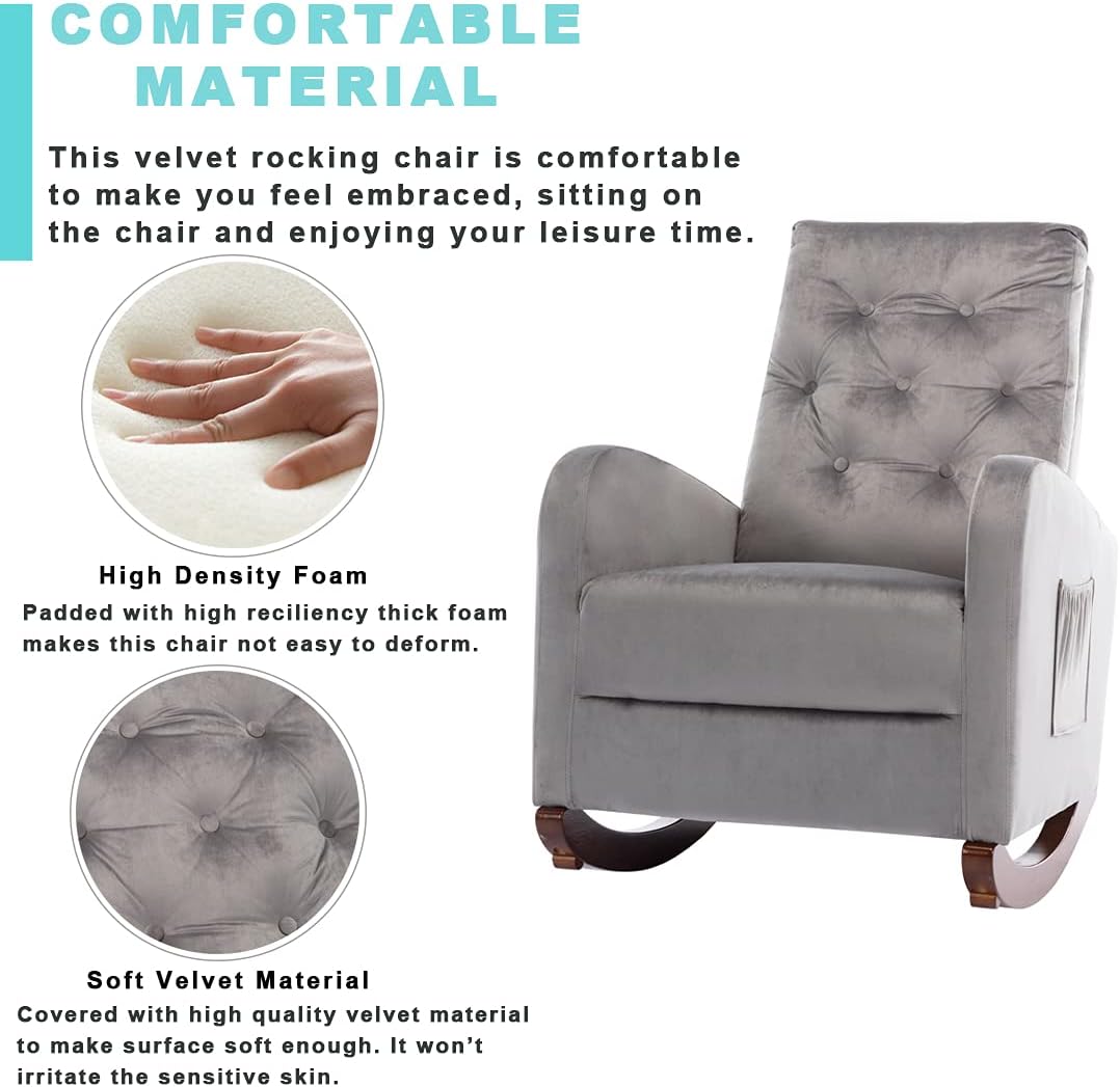 Silla mecedora decorativa, capitoné tapizada de terciopelo de lujo, sillón mecedor deslizante con bolsillo lateral para guardería, sala de estar,