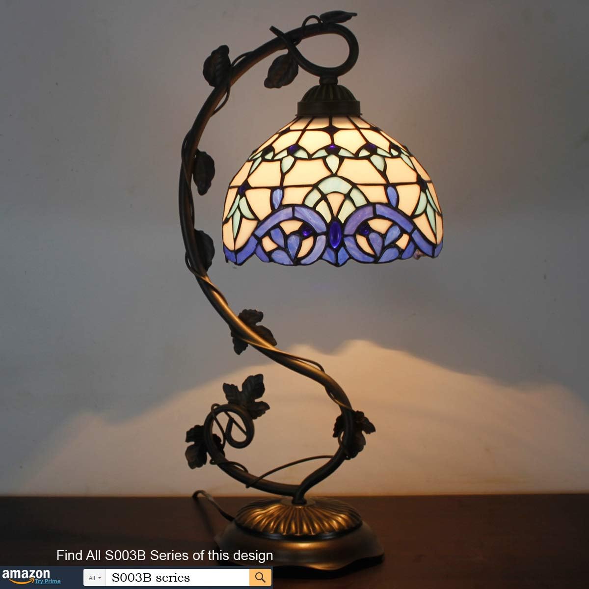 WERFACTORY Lámpara estilo Tiffany Lámpara de mesa de vidrio blanco y azul, lámpara de mesa de lectura, base de hoja de metal, 8 x 10 x 21 pulgadas,
