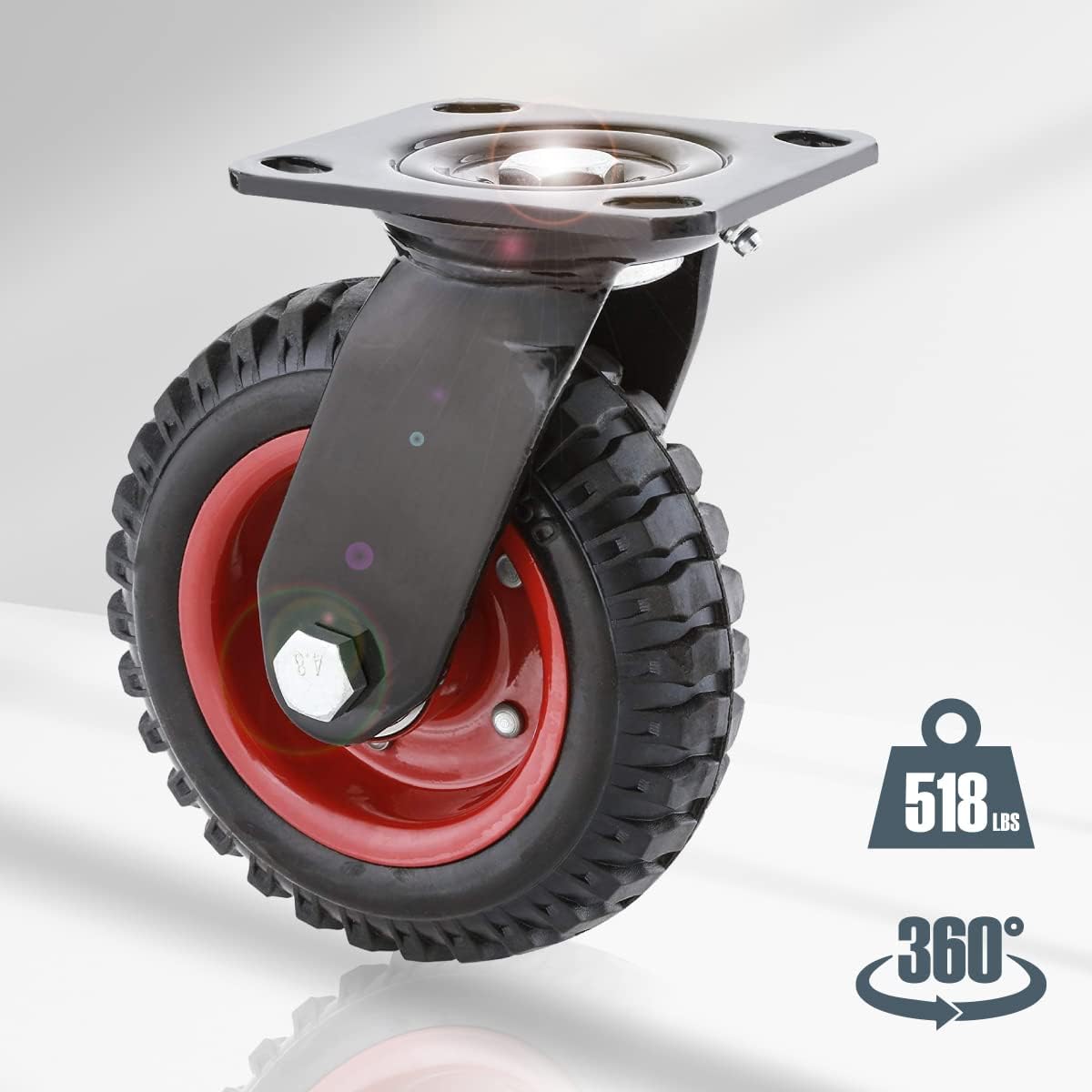 POWERTEC 17053 – Rueda industrial fija de alta resistencia, banda de rodadura de goma de 8 pulgadas, color negro y rueda industrial giratoria de