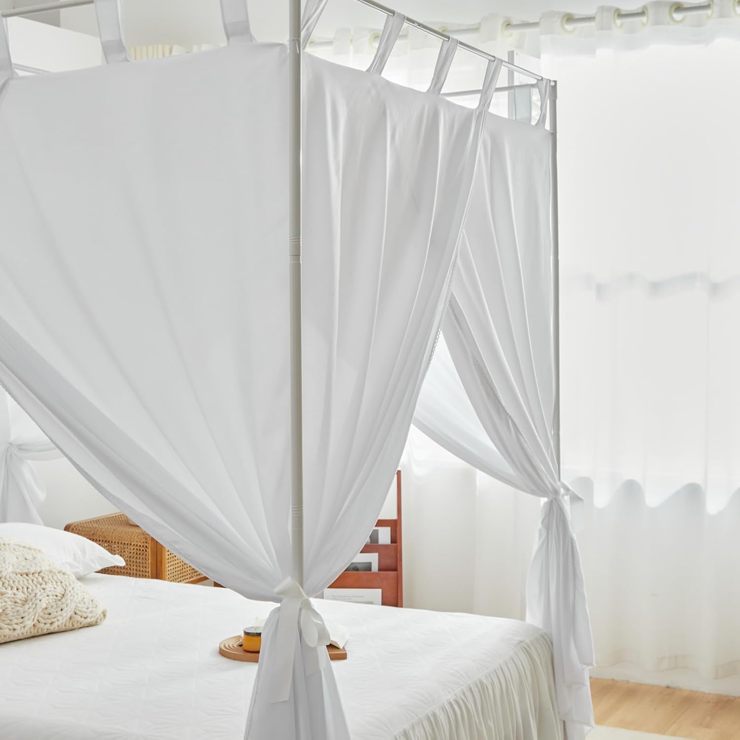 AIKASY Cortinas de cama blancas con lazos superiores y alzapaños para decoración de dormitorio, cortinas de cama de tamaño individual con